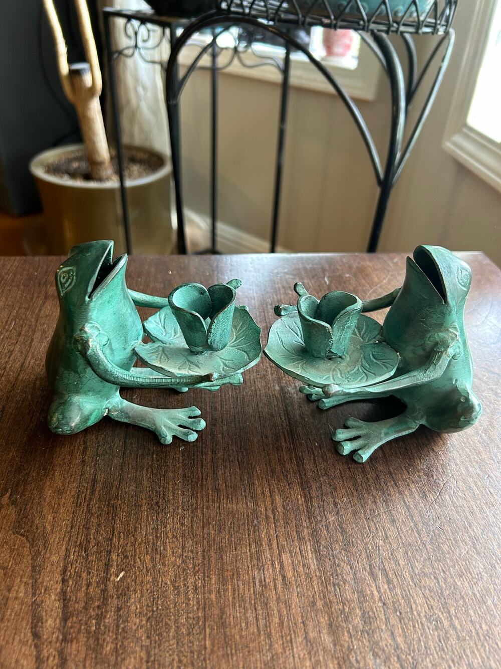 2 Vtg Unbranded Solid Brass Green Painted Frog Tabletop Candle Holder